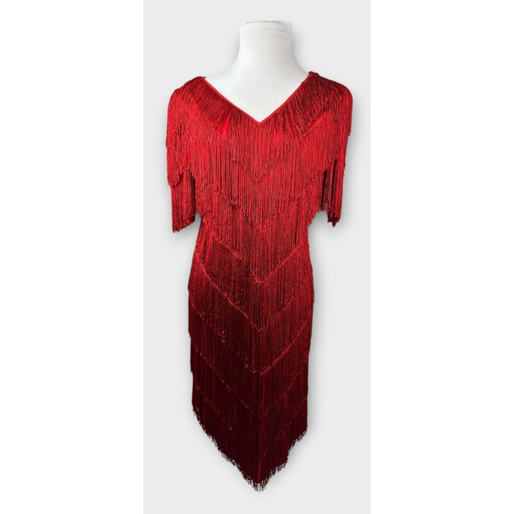 VTG 70s 80s Mister Jay Fringe Dress Red V-Neck No Size Party Holiday Flapper L - Picture 15 of 15